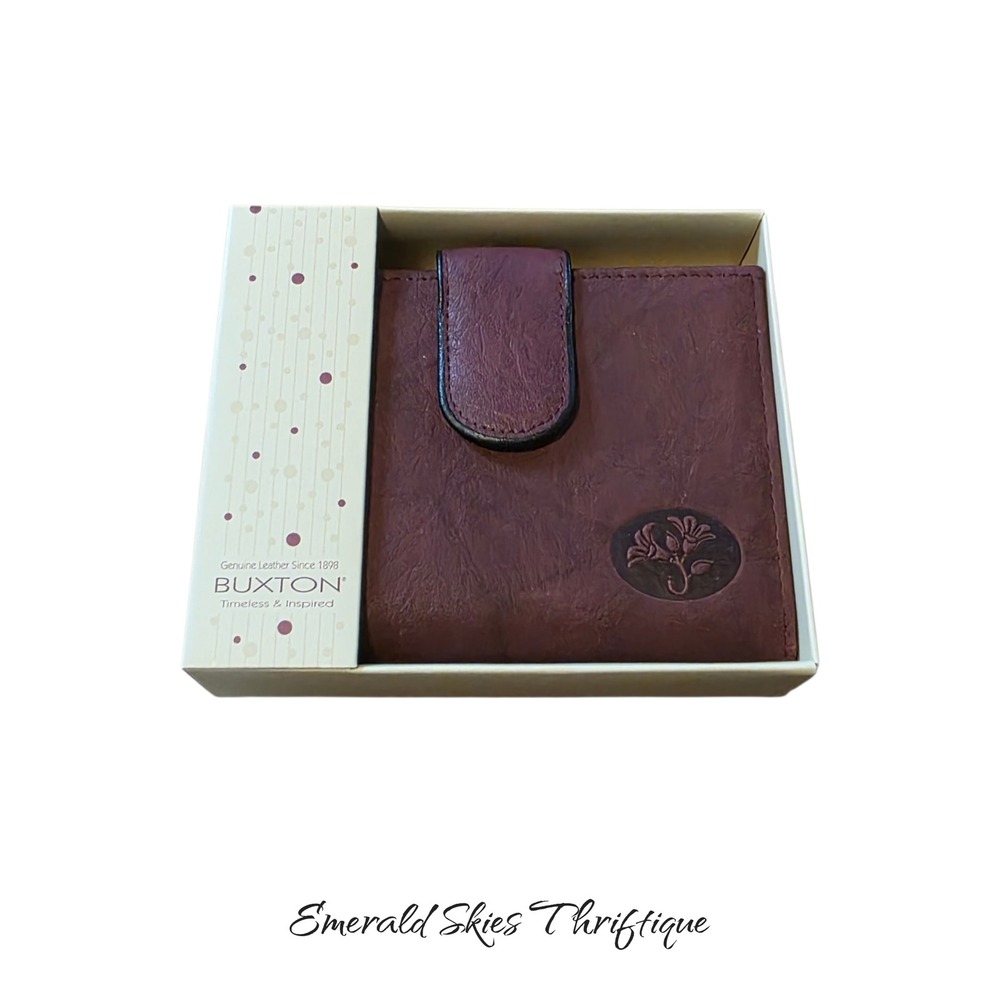 BUXTON Womens burgundy leather Snap & Kiss closure bifold wallet new free ship